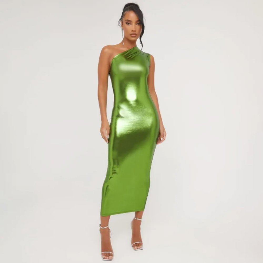 EGO ONE SHOULDER MIDI BODYCON DRESS IN GREEN METALLIC